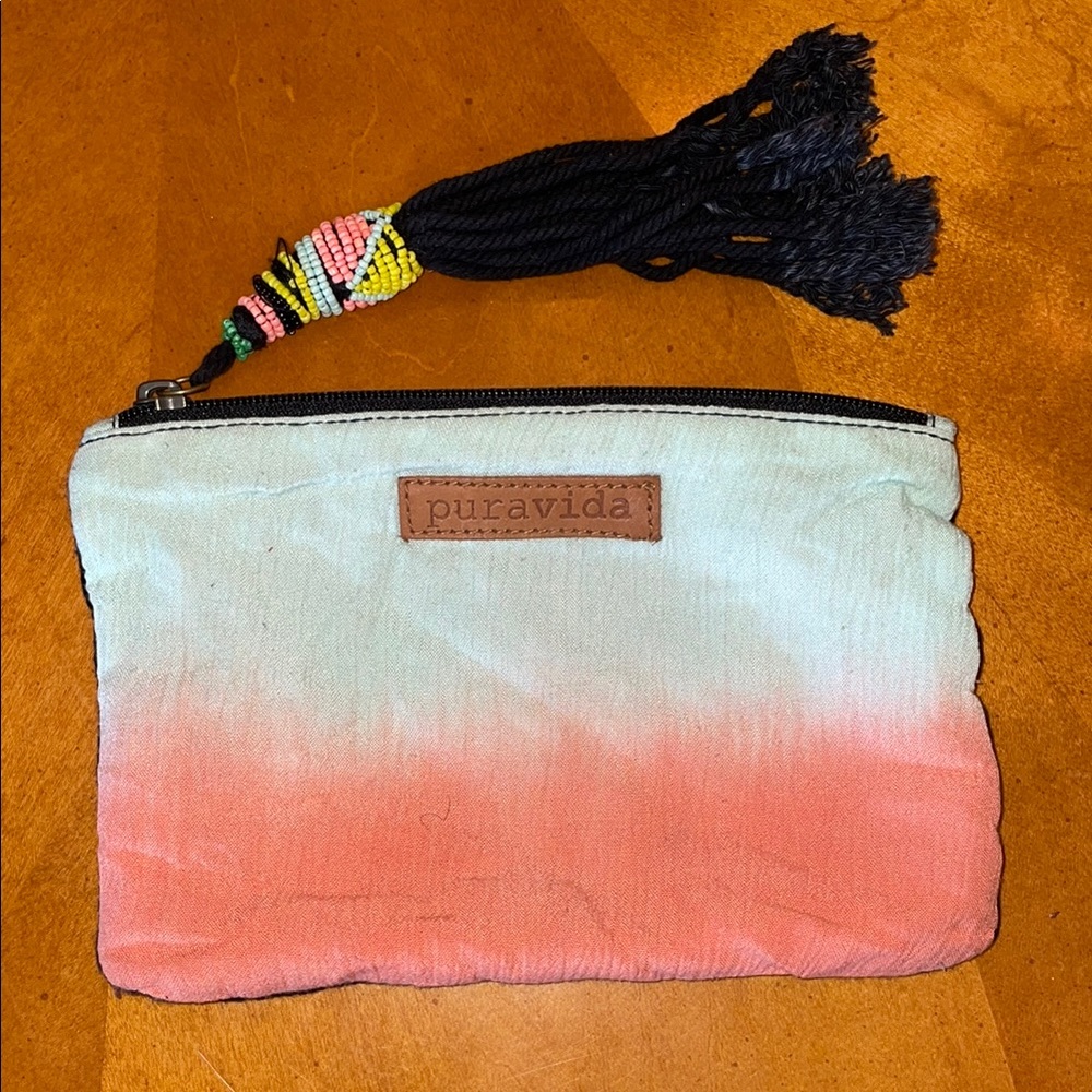 Pura Vida Pink and Light Blue Cosmetic Bag with Tassel